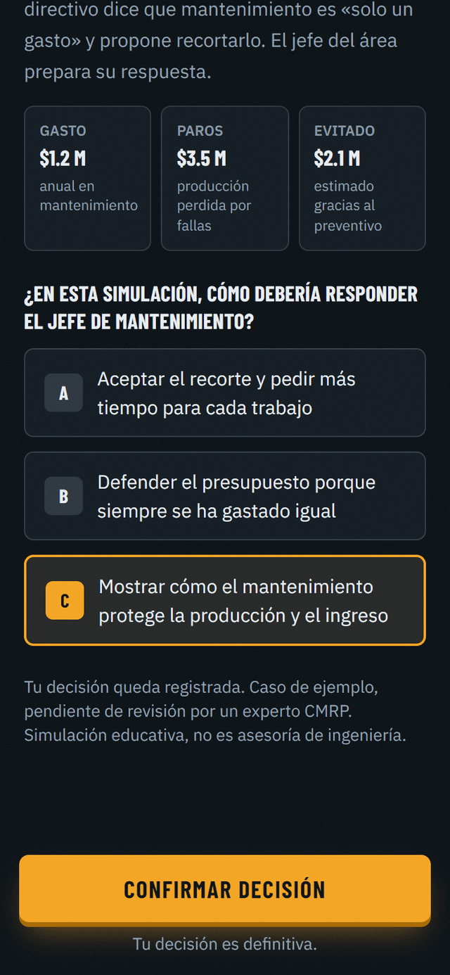 Pantalla de la app: caso de falla con tres decisiones