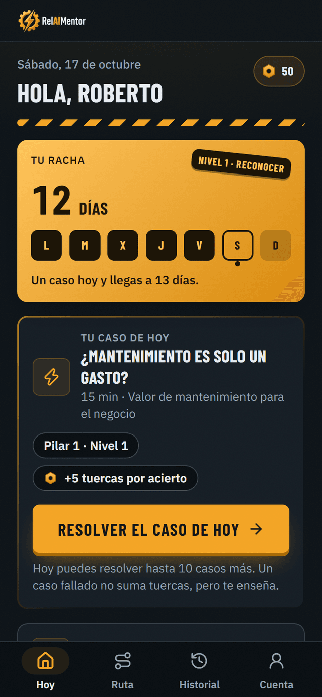 Pantalla de la app: tu racha de estudio y tu caso de hoy