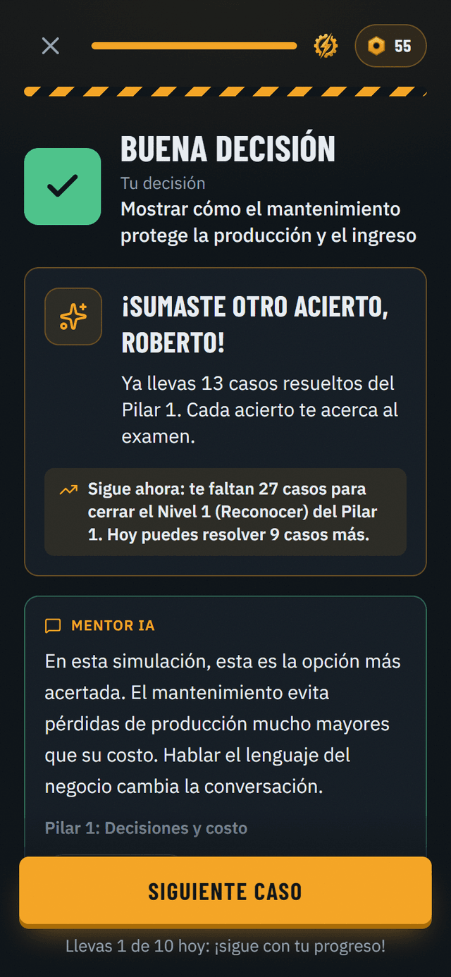 Pantalla de la app: el Mentor IA explica el porqué